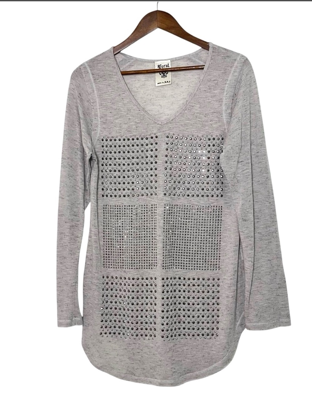 Vocal Y2K Indie Studded Long Sleeve Tunic Grey V-Neck Bling Top Size XL